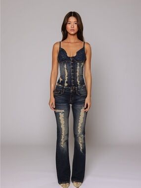 REVICE Dark Blue Distressed Flare Jeans